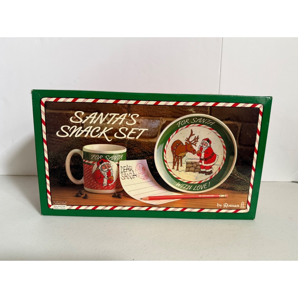 Vintage 1989 Roman Inc Santa's Snack Set Cookie Plate Mug Note Pad Recipe Boxed